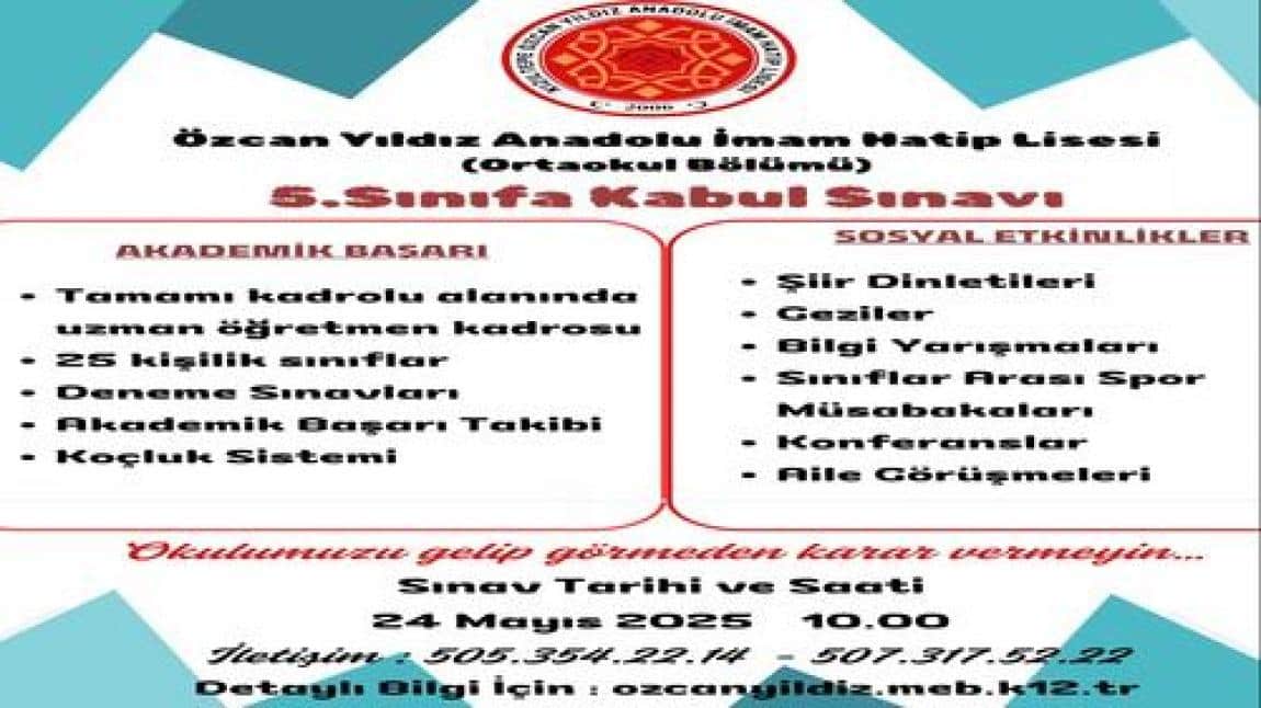 Kızıltepe Özcan Yıldız  İmam Hatip Lisesi Fen ve Sosyal Bilimler Proje Okulu 5. Sınıflar Kabul Sınavı Başvurusu
